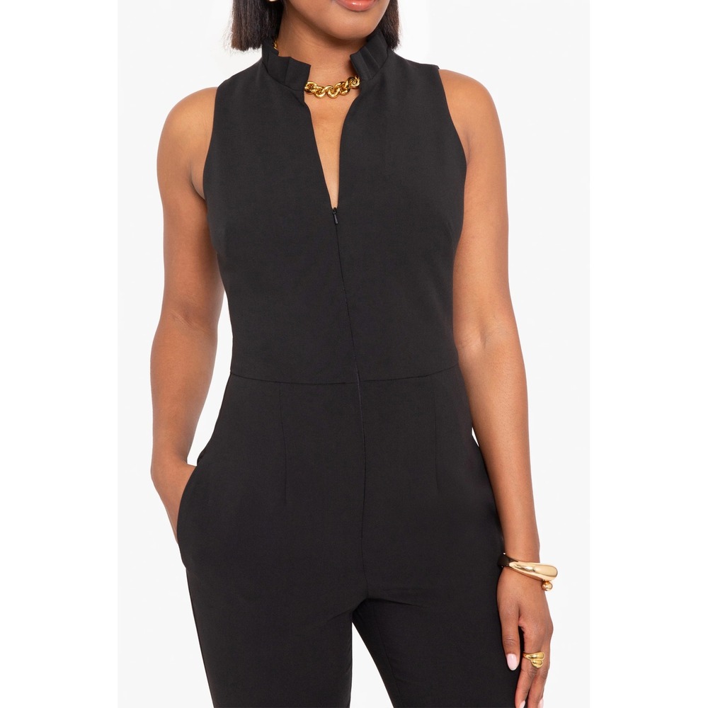 Black Halo Antoinette Ruffle Neck Front Zip Tapered Leg Jumpsuit Black Size 2